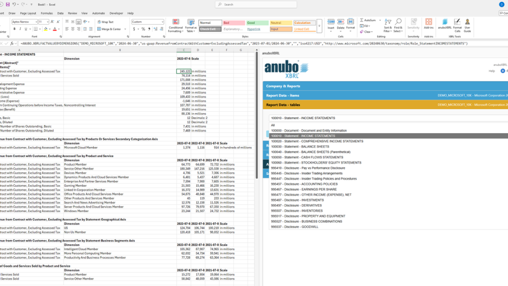 Report Data tables with link role selected and income statement in the sheet